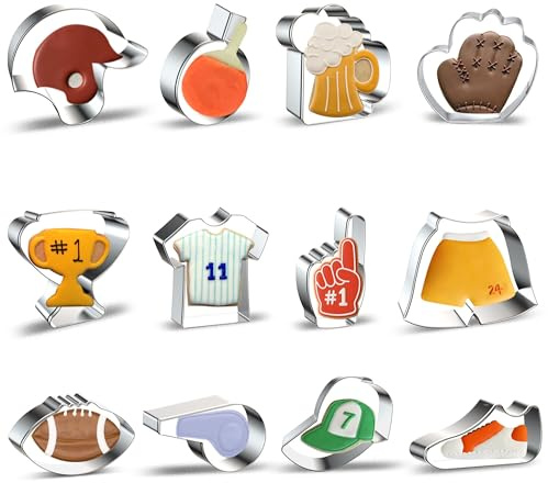 12PCS Football cookie cutter set Set, Fondant Biscuits Molds for Football, Jersey, Shorts, Shoe, Whistle, Helmet, Beer Mug, Glove, Trophy Cup, Cap, Table Tennis Racket, Foam Finger - Stainless Steel
