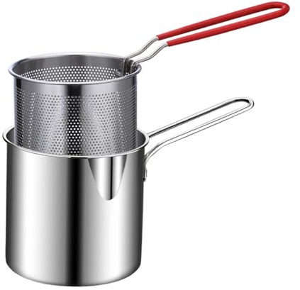 Friteuse petite taille avec panier pour usage domestique 1L Pot à frire multifonction en acier inoxydable un ou deux personnes poignée antibrûleuse économe huile compatible tous les types de plaques c