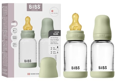 BIBS Baby Glass Bottle. 2-Pack 120 ml. Antikolik. Rund sugdel i naturgummilatex. Främjar naturlig amning, Complete Set - 120 ml (Pack of 2), Sage