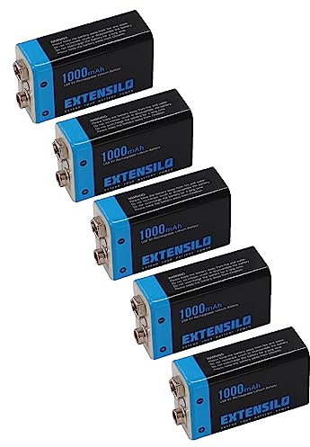EXTENSILO Pile Bloc Batterie 9V Compatible avec Daitem DC270, DC271, D21, DC272 (1Ah, 9V, Li-ION), prête à l'emploi, avec Micro-USB