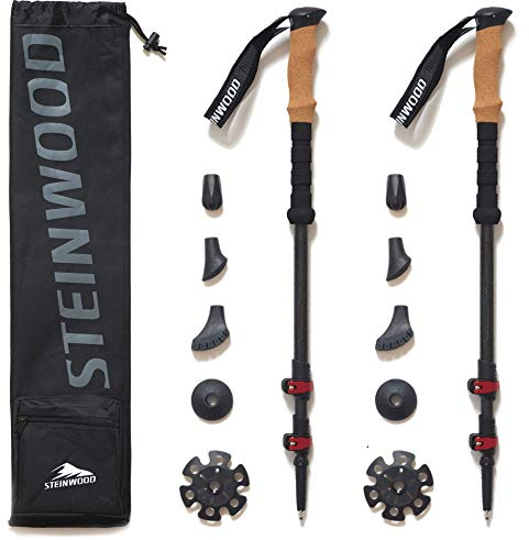 Steinwood Premium Carbon Wanderstöcke Teleskop - Trekkingstöcke Damen & Herren - Wanderstock Carbon Ultraleicht mit Kork-Griff und Gummipuffer Set