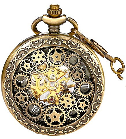BOSHIYA Herren Taschenuhr mit Kette Mechanische Vintage Steampunk Skelett Halbjäger Handaufzug Mechanische Römische Ziffern Skala Kettenuhr für Herren Gold
