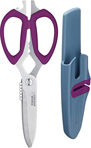 Colourworks Ciseaux de Cuisine Multifonctions 10 en 1 avec Aiguisoir Intégré, Décapsuleur, Zesteur et Plus encore, Acier Inoxydable, Plum, 23 cm