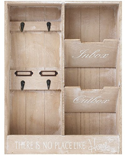 Wohaga® Wandorganizer 'In & Out' - Memoboard mit Schlüsselbrett und 2 Holztaschen, 48x36x7cm, Holz Memotafel Flur Diele Dekoration