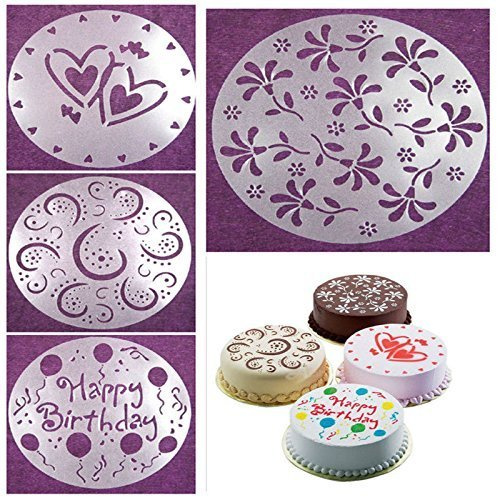 4 Stück Geburtstagskuchenform, 4 Stile Blumen Herz Sprühschablonen DIY Geburtstag Kuchen Form Dekorieren Backzubehör