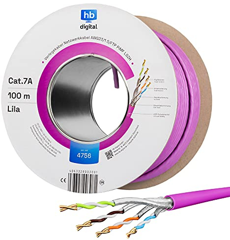 HB-DIGITAL 100m CAT.7a Netzwerkkabel LAN Kabel Verlegekabel AWG 23 Reines Kupfer S/FTP PiMF LSZH Halogenfrei RoHS-Compliant Ethernet Installationskabel Datenkabel PoE 10Gbit/s max. 1200MHz Lila