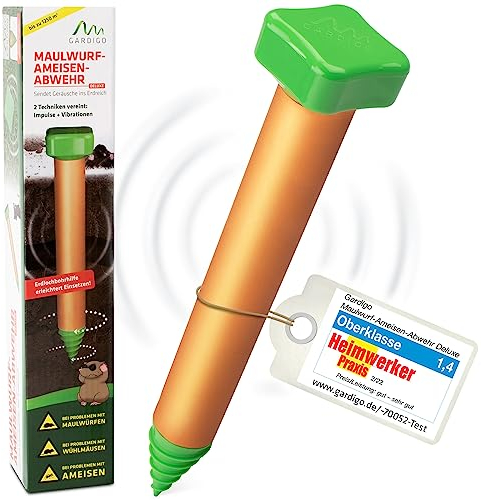 GARDIGO® Maulwurf Vertreiber und Ameisenabwehr Deluxe mit Bohrhilfe I 400-500 Hz I ca. 1250 m² I Maulwurfschreck mit Vibrationsmotor I Wühlmausvertreiber für den Garten I Batteriebetrieben