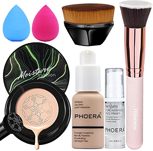 Pilzkopf Luftkissen CC Creme, Air Cushion CC Cream,PHOERA Foundation,PHOERA Primer,Make Up Foundation Pinsel and Puder Pinsel, Make up Schwamm Set (102+02CC/Nude+Natural CC)