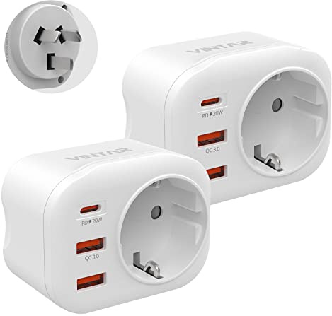 VINTAR 2 Pack Australien Reiseadapter Typ I mit 20W USB-C | 2er Pack 4-in-1 Typ I für Australien, Argentinien, China, 20W USB-C + 2 USB-A, PD & QC 3.0, kompakt