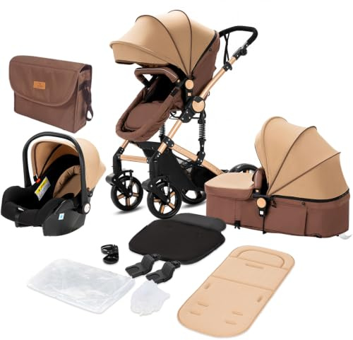 Magic ZC Carrito Bebe 3 en 1, Carro 3 Piezas con Diseño Portátil Plegable de Un Clic, Cochecito Tres Piezas con Empuje Reversible de Dos Vías, Carricoche Bebe con Accesorios (588 Khaki)