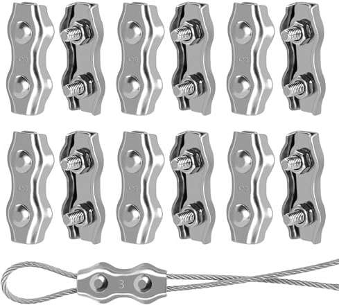 12 Stück Drahtseilklemmen aus Edelstahl 304 Duplex M3 für Drahtseile, Klemmen für Drahtseile 3 mm Garten, Kabel, Terrasse und Sonnensegel