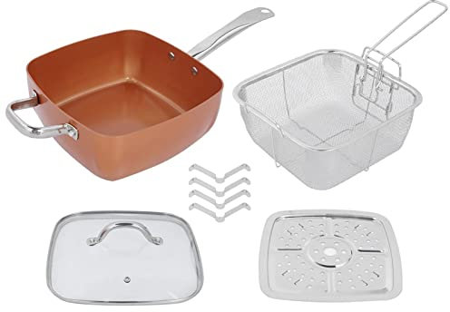 Lot De 4 Poêles à Frire Carrées Antiadhésives En Acier, Grande Poêle De 23,1 Cm Avec Cuiseur Vapeur Et Panier à Frites, Poêle Orange Avec Couvercle, Panier Et Plateau Vapeur, Passe Au Lave-vaisselle