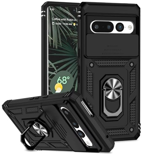 Dechyi für Google Pixel 7 pro Hülle mit Schutzfolie Schutzhülle mit Kameraschieber Case 360° Drehbarer Militä Ständer Stoßfest Cover-Schwarz