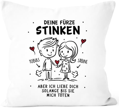 SpecialMe® Kissen-Bezug Liebe Geschenk Lustig mit Namen Deine Fürze stinken Strichmännchen Paar Jahrestag Weiss Standard