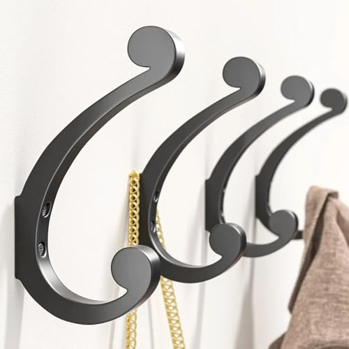 Josmimic Coat Hooks Wall Mount for Hanging - Black Large Retro Double Hooks with Screws, Heavy Duty Coat Hanger, Holder 40Lb, Coat Rack for Towels, Hats, Mug, Bags, Clothes, Purse, 4 Pack