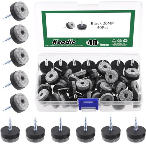 Keadic Juego de 40 almohadillas de fieltro para muebles de 20 mm, protector de suelo deslizante redondo para muebles de madera, sillas, mesas, patas (negro)