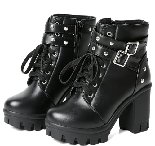 MEOTINA Gothic Boots Punk Platform Combat Boots Chunky Heel Ankle Booties