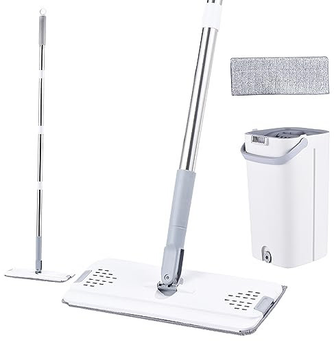 Trapeador Giratorio de 360 ​​grados con Cubo y 2 Almohadillas Reemplazables, Altura Total de 47,24 Pulgadas, Paño de Fibra de Secado Rápido, para Limpieza del Hogar