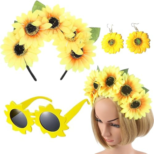 XINDY Blumen Kostüm Damen, Sonnenblumen Haarreif Haarschmuck Ohrringe Sonnenbrille für Sonnenblumen Kostüm Damen Fasching Karneval Accessoires