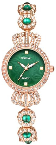 JewelryWe Damenuhr Krone Diamant Uhren: Glitzer Strass Analog Quarz Armbanduhr Damen Rosegold Schmales Metallarmband Kleine Diamantuhr mit Krone Design Gehäuse & Grün Zifferblatt
