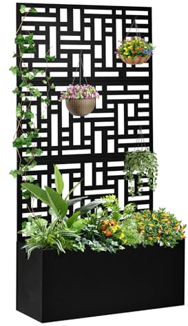 Outvita Metal Planter Box with Trellis, 71’’ x 36’’ x 16’’ Raised Garden Bed with Drainage Holes for Climbing Plants, Vegetables, Vines, Privacy Planters for Patio (Black)