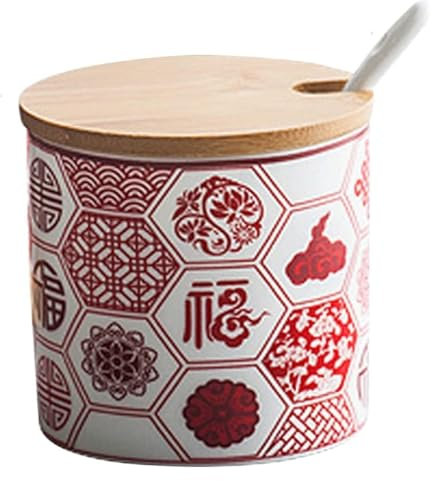 BTBTB Azucarero con tapa, azucarero de cerámica, azucarero con tapa y cuchara, tarro for almacenar azúcar, azucarero, bote for condimentos, salero y azucarero, rojo, juego de 3(108)