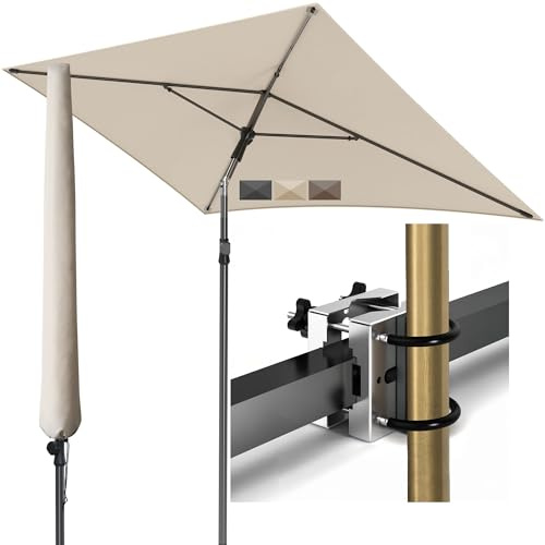 Menz Sonnenschirm Balkon - 3-IN-1 Sonnenschutz Balkon SET in Beige, UPF 50+ Sonnenschirm rechteckig 200 x 125cm + Metall Sonnenschirmhalter Balkongeländer + Sonnenschirmhülle