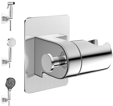 Duschhalterung Ohne Bohren, Handbrause Halterung 360° Duschbrause Halterung Duschkopfhalterung, Brausehalter Ohne Bohren, Verstellbar Duschkopf Halterung mit Montagezubehör, Silbern