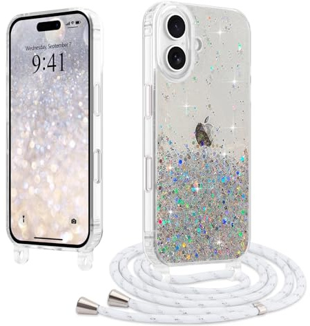 LCHULLE Glitter pour iPhone 16 Coque avec Cordon Réglable,Transparent | Paillettes Housse avec Chaîne,Etui avec Collier Détachable,Glitter Transparent TPU Bumper,Silicone Antichoc Coque Portable