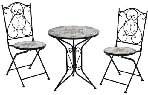 COSE DA CASA Tavolo CM60 in Ferro Battuto con Piano in Ceramica MOSAICO + 2 Sedie Pieghevoli– Set per Esterni Giardino Balcone TERRAZZE