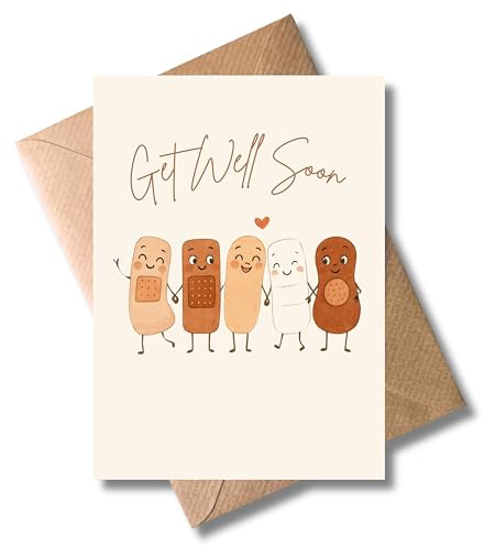 WBdesignz süße Gute Besserung Karte „Get Well Soon“ mit Umschlag – Süße Karte mit Pflaster-Motiv für Freunde & Familie - niedliche Genesungskarte (DIN A6)