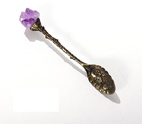 Retro-Kristall-Löffel, antiker Kaffeelöffel, Teelöffel, Amethyst-Cluster, Teelöffel, Energiekristall, Zahnblume, Kristalllegierung, Löffel (Messing-A)