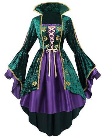 Fiamll Damen Kostüm Hexenkleid Grün Cosplay Minikleid mit Samt Look für Halloween Karneval Verkleidung, Vintage Stil mit Puffärmeln und Schleifen, Kurz Kleid,M
