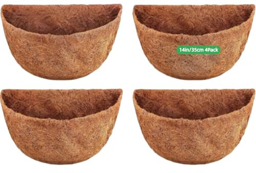 Stepfowarder Hanging Basket Coco Liners 4 Pcs, 35cm/14Inch Semi-Round Wall Planter Liner, Natural Coconut Fiber Liner for Window Boxes Indoor Outdoor Garden Flower Pot (Semi-Round 35cm/14in)