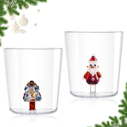 Lot de 2 verres de Noël, 300 ml, résistants à la chaleur, motif sapin de Noël, tasses à café, tasses en verre avec motif sapin de Noël/Père Noël, verres universels pour vin, eau, lait