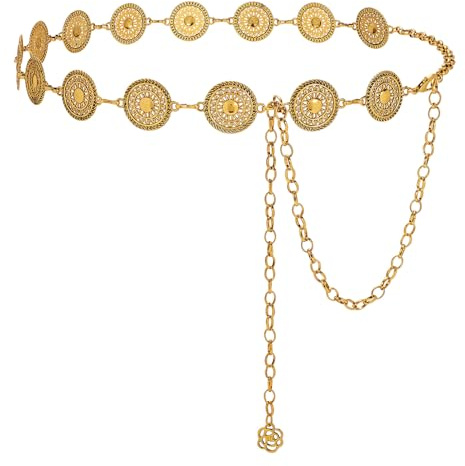 LEACOOLKEY Women Gold Metal Concho Chain Belt Western Cowgirl Country Boho Waist Belt for Dress Jeans,Style 1-Gold,Fit for waist up to 34