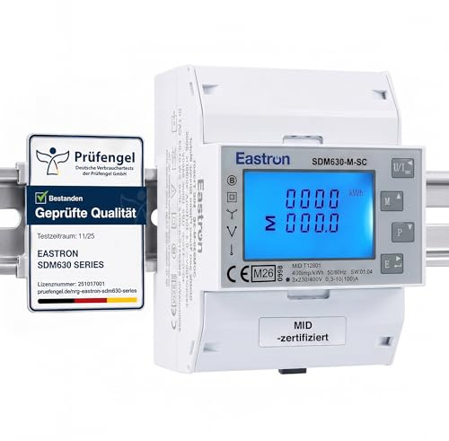 EASTRON SDM630 MODBUS SC EV Charging Stromverbrauchsmesser - 1/3 Phasen Stromzähler Hutschiene - Strommessgerät - Drehstromzähler - Modbus RS485 RTU, 100A kWh, Impulszähler & beleuchtetes LCD-Display