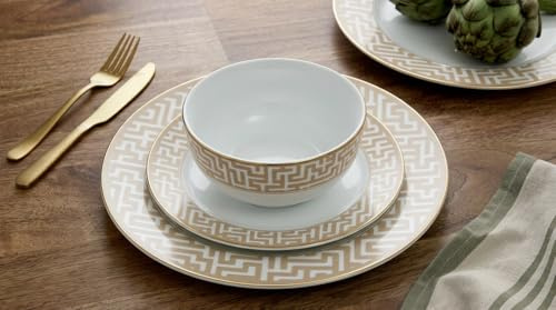 Waterside 12pc Gold Band Maze Porcelain Dinner Set; 4 Dinner Plates, 4 Side Plates and 4 Deep Bowls