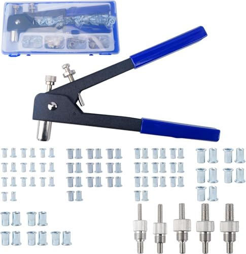 COEWUR 106pcs Pince à Écrous Rivetés Pro, Pince à Insert Fileté Pince Écrou a Riveter et 5 Mandrins M3 M4 M5 M6 M8, 100 Rivets Aveugles Écrou pour Métal, Tuyau, Voiture, Meubles Réparation