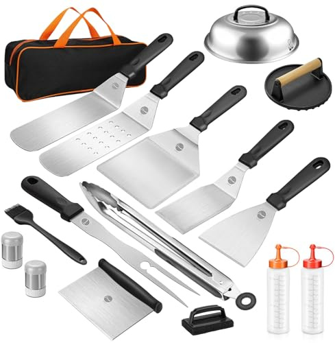 Huolewa 16-TLG BBQ Grillspachtel Set, Edelstahl Plancha Zubehör für Männer | Hochwertige Smash Burger Set mit Fleischgabel und Burgerpresse für Teppanyaki, Grillen, Camping