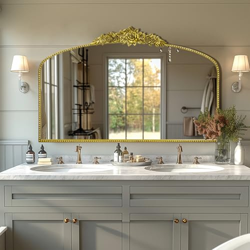 G-LEAF Kaminspiegel Gold Barock - 122x76 cm Großer Horizontaler Bogenspiegel mit Rosen-Krone & Perlenrand, Antik Wandspiegel für Wohnzimmer, Flur & Sideboard