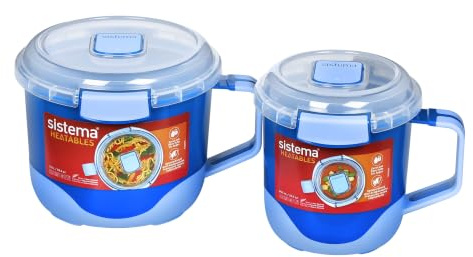Sistema 100% Leakproof Heatables Microwave Food Container with Easy-Open Vents, Dishwasher Safe, 660ml Soup Mug & 1.15L Noodle Bowl
