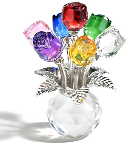SylvaFusion Crystal Rose Ornament, Glass Flowers, 3D Multicolor Glass Flowers with Base, Crystal Ornaments, Colorful Glass Home Decor for Wife, Girlfriend - Home, Office & Tabletop Decor