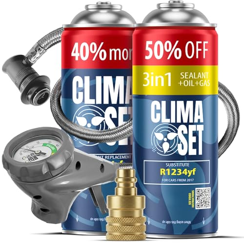 CLIMASET - Kit de Recarga de Aire Acondicionado para Coche - Gasolina y Aceite R1234yf + R1234yf 3 en 1 + Manguera + Adaptador YF - para vehículos Fabricados después de 2016, con una Manguera Moderna