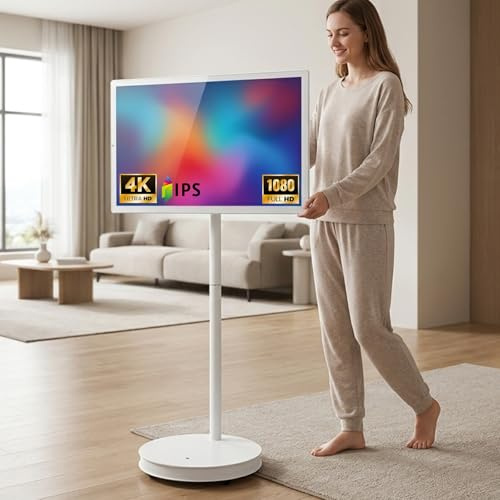 Televisor Android Portátil, Monitor Giratorio 1080p/4K TV con Pantalla Táctil Móvil, TV Inalámbrica con Pantalla Táctil Sobre Ruedas, hasta 6-8 Horas de Autonomía, Rolling TV para Fitness y Cocina 27