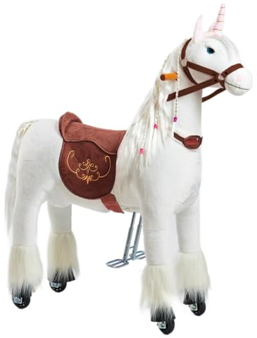 PONNIE Einhorn mit Rollen M (5-12 Jahre), Unicorn zum Reiten mit Abnehmbarer Braun Sattel und Halfter mit Zaumzeug, Kämmbare Mähne und Schwanz, Plüschpferd zum Reiten für Kinder
