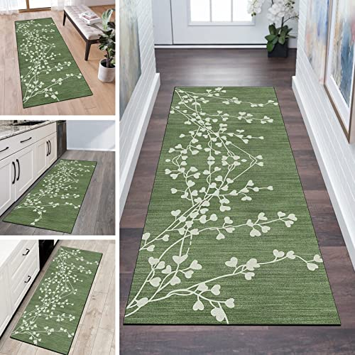 QQrunner Teppichläufer rutschfest Meterware 70x130cm Grün Vintage Blatt Muster Dünner Waschbar Läufer Teppich Flur Schlafzimmer Korridor Küchenläufer Teppich Lang, Anpassbare Größe, 40-120cm Breit