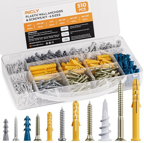 INCLY 510 PCS Drywall Anchors and Screws Assortment Kit, 255 Plastic Self Drilling Wall Anchors and 255 Philips Flat Head Screw, 6 Sizes Self Tapping Screw and Wall Plug for Brick Concrete Drywall