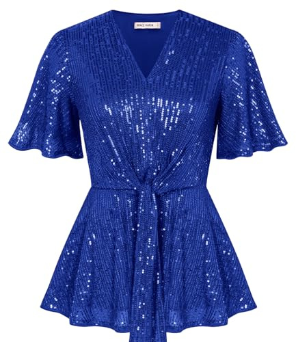 GRACE KARIN Camicia Vintage da Donna con Paillettes per Festa, Top Elegante a Maniche Corte, Camicia a-Line Blu Reale, Tunica luccicante Blu Reale, Abbigliamento da Festa Taglia M