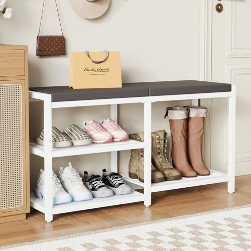 ZHOOGE Skobänk med sits, sittbänk, sittkista, skohylla med 2 gallerhyllor för entré, hall, vardagsrum, metallram, kan belastas upp till 150 kg (vit, 90 x 30 x 43 cm)
